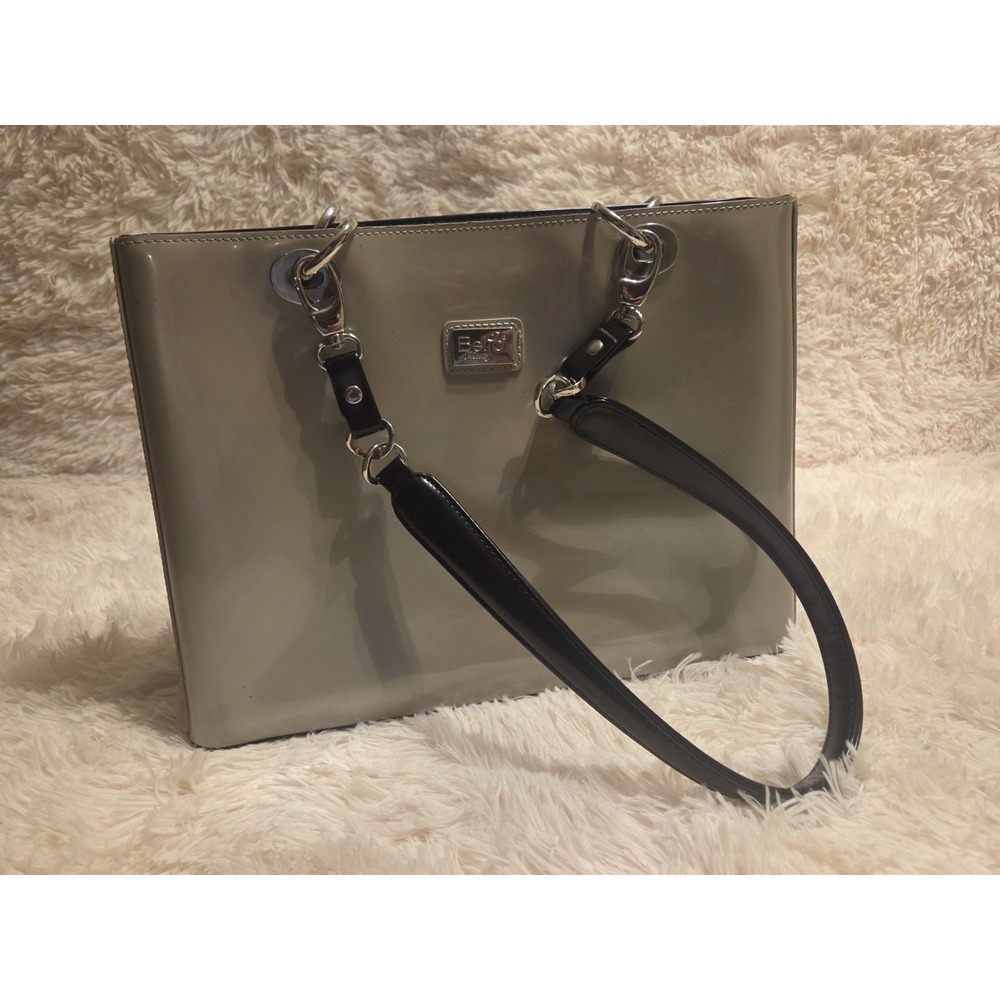 Beijo Classic Women's Patent Gray With Black Straps & Silver Logo Tote Bag Sz L